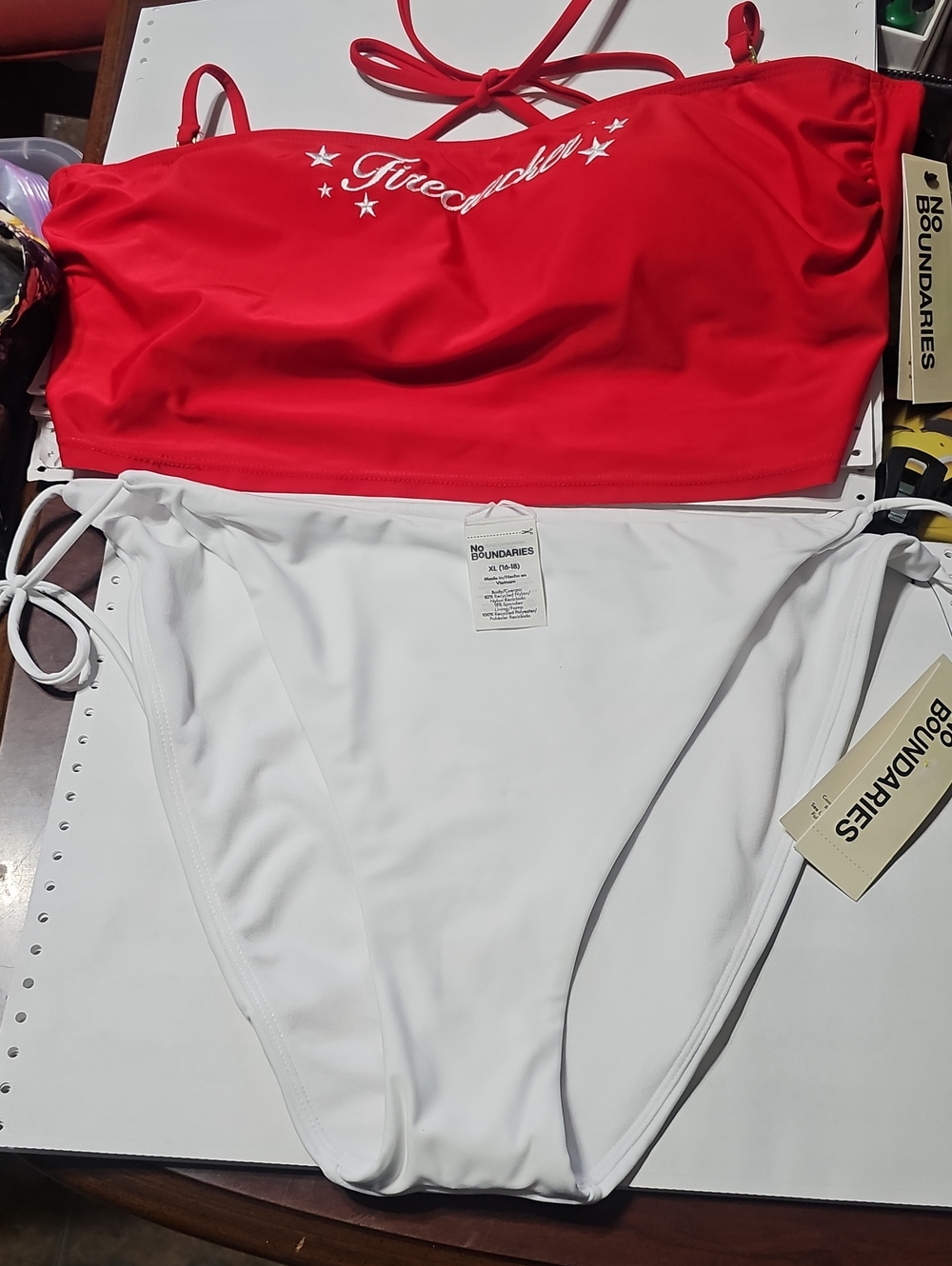 No Boundaries Women's Red Bandeau Bikini Top & White Tie-Side Bottom XL. New